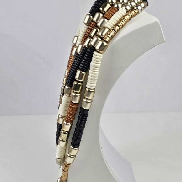 Statement Multistrand Beaded Necklace Black Brown Cream Gold Tone Magnetic Clasp - Picture 8 of 13